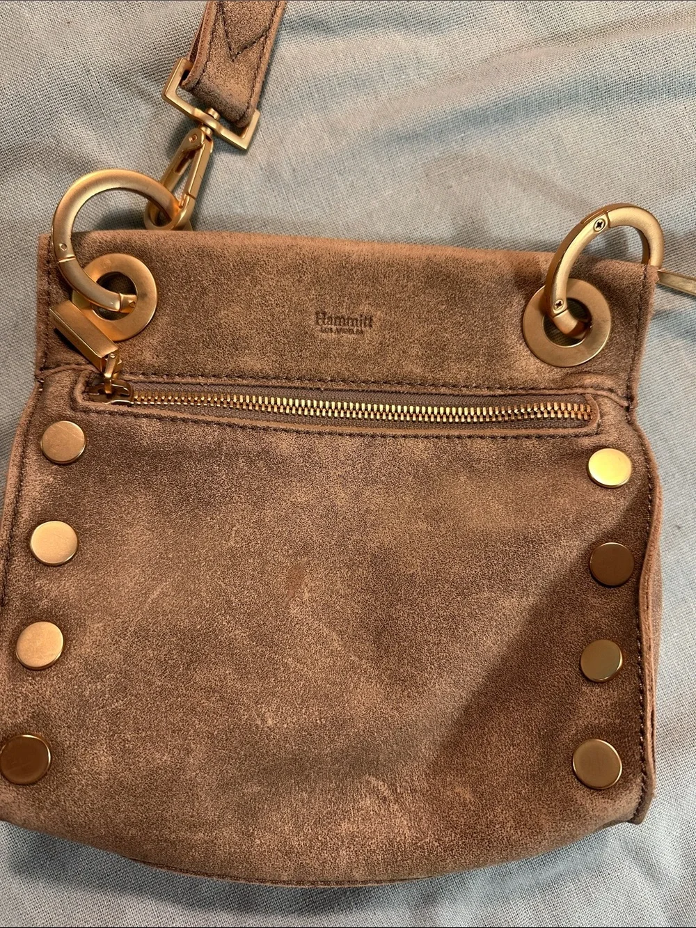 Hammitt Taupe Suede Crossbody with Gold Studs